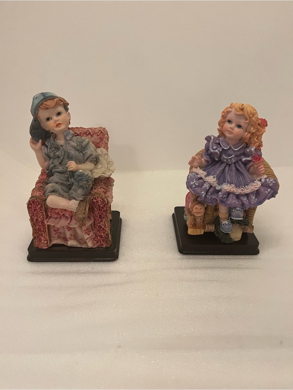 Painted Resin Child Figurines Set of 2 Boy & Girl Seated on Chairs Bases
